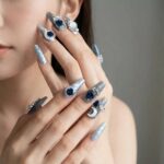 Ice Blue Glitter Press-On Nails with Moon, Rose & Chain Charms - Long Coffin Acrylic Nails