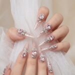 Pink Glitter Stiletto Press-On Nails with Large Pink Crystals & Bow Charms