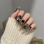 Black to Clear Ombre Press-On Nails with 3D Black Roses, Bows & Large Crystals - Long Almond