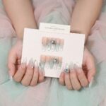 Teal Crystal Accent Press On Nails - Nude to Green Gradient French Tip False Nails