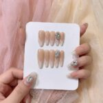 Elegant Nude & White French Press On Nails - Classic Rhinestone Accent False Nails