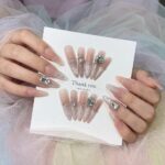 Nude to Silver Glitter Ombre Press-On Nails with Large Crystals - Almond Shape