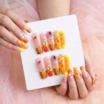 Orange Yellow Gradient Tiger Striped Press-On Nails - 3D Charms & Gem Accents