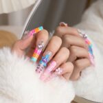 Kawaii Coquette Turquoise & Pink Press-On Nails - Sparkly Acrylic False Nails